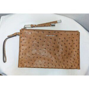Michael Kors Harlow Ostrich Emboss Leather Large Clutch Wristlet Pouch Tan/Brown